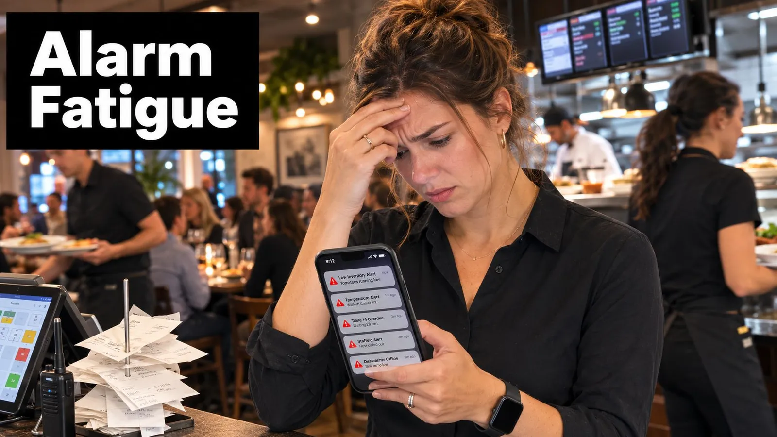 A stressed restaurant manager looking at a smartphone filled with multiple urgent operational red-alert notifications.