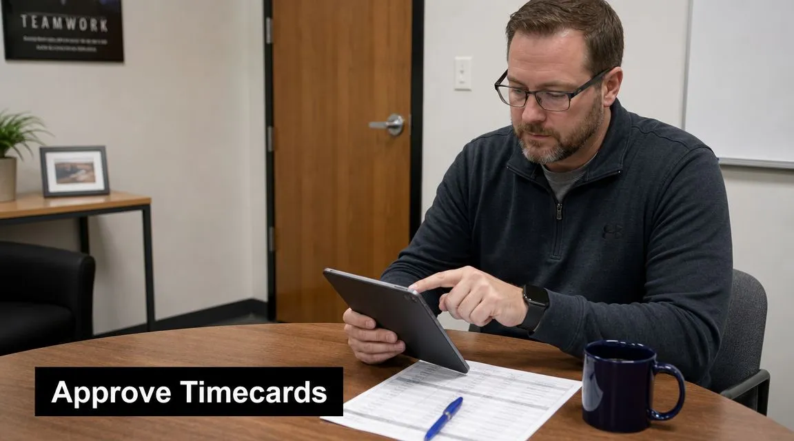 A man in a dark sweater reviewing digital timecards on a tablet at an office table.