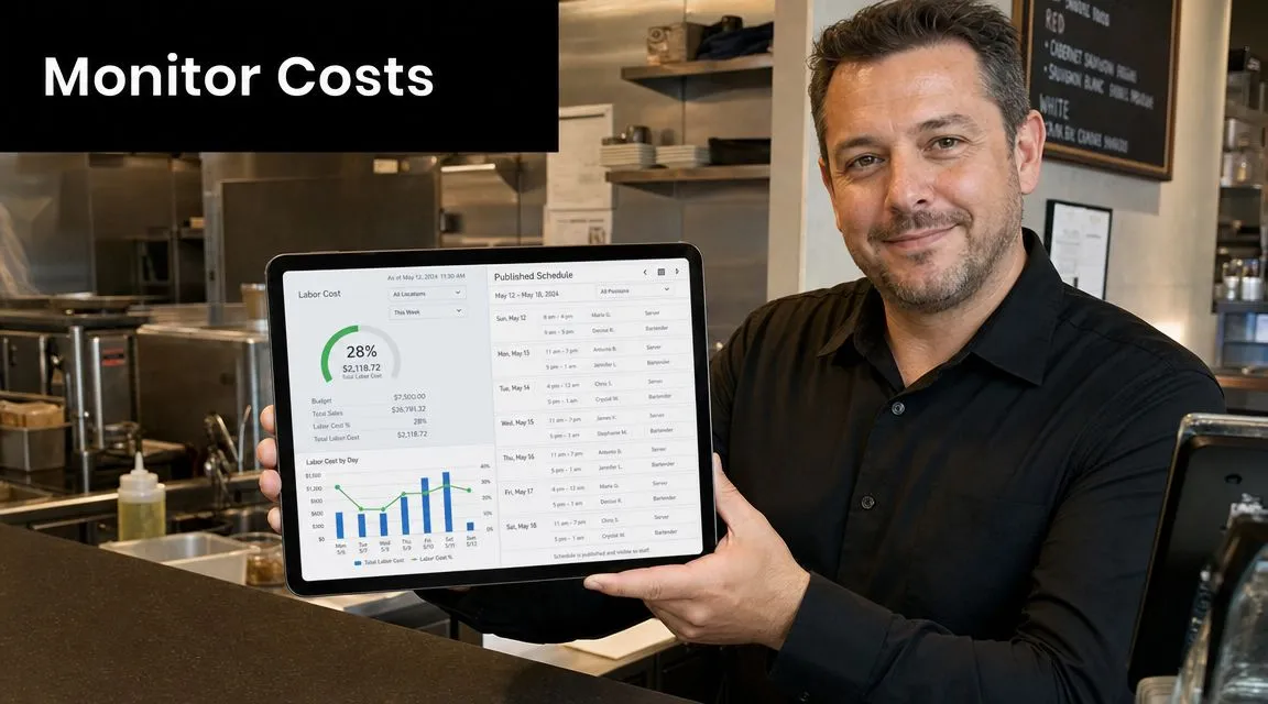 A restaurant manager holds a tablet displaying a staffing schedule and labor cost analytics dashboard.