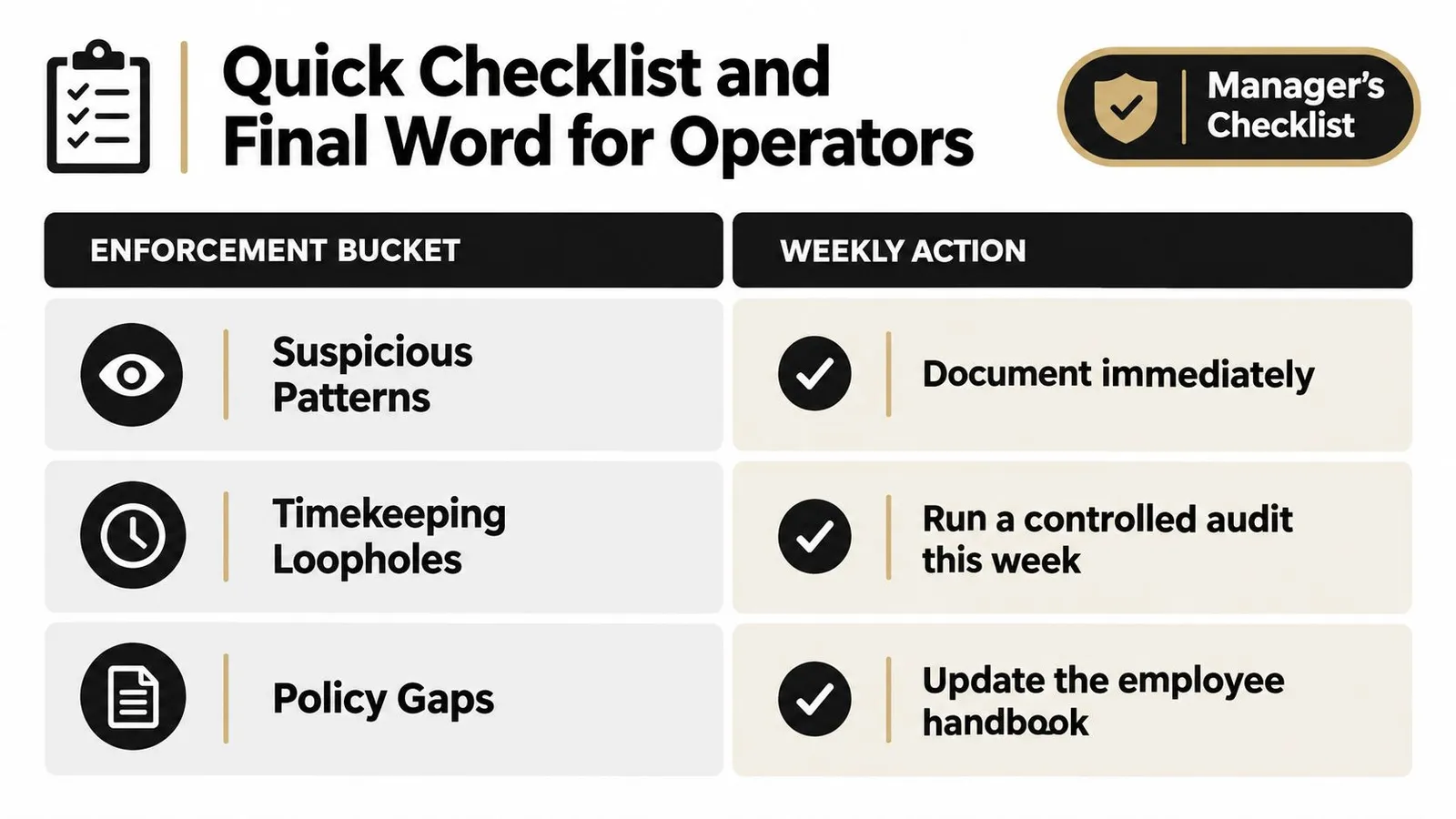 A checklist table titled Manager's Checklist summarizing enforcement areas like patterns, loopholes, and policy gaps with weekly actions.