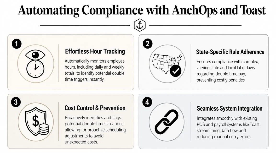 A four-point infographic explaining how AnchOps automates labor compliance and manages double time tracking with Toast.
