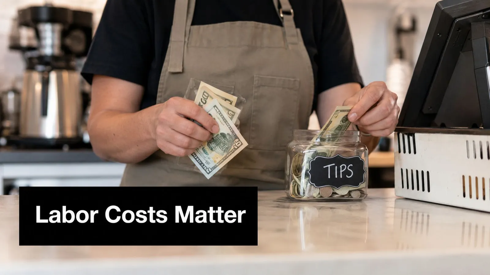 A person in an apron putting money into a glass tip jar labeled with a sign.