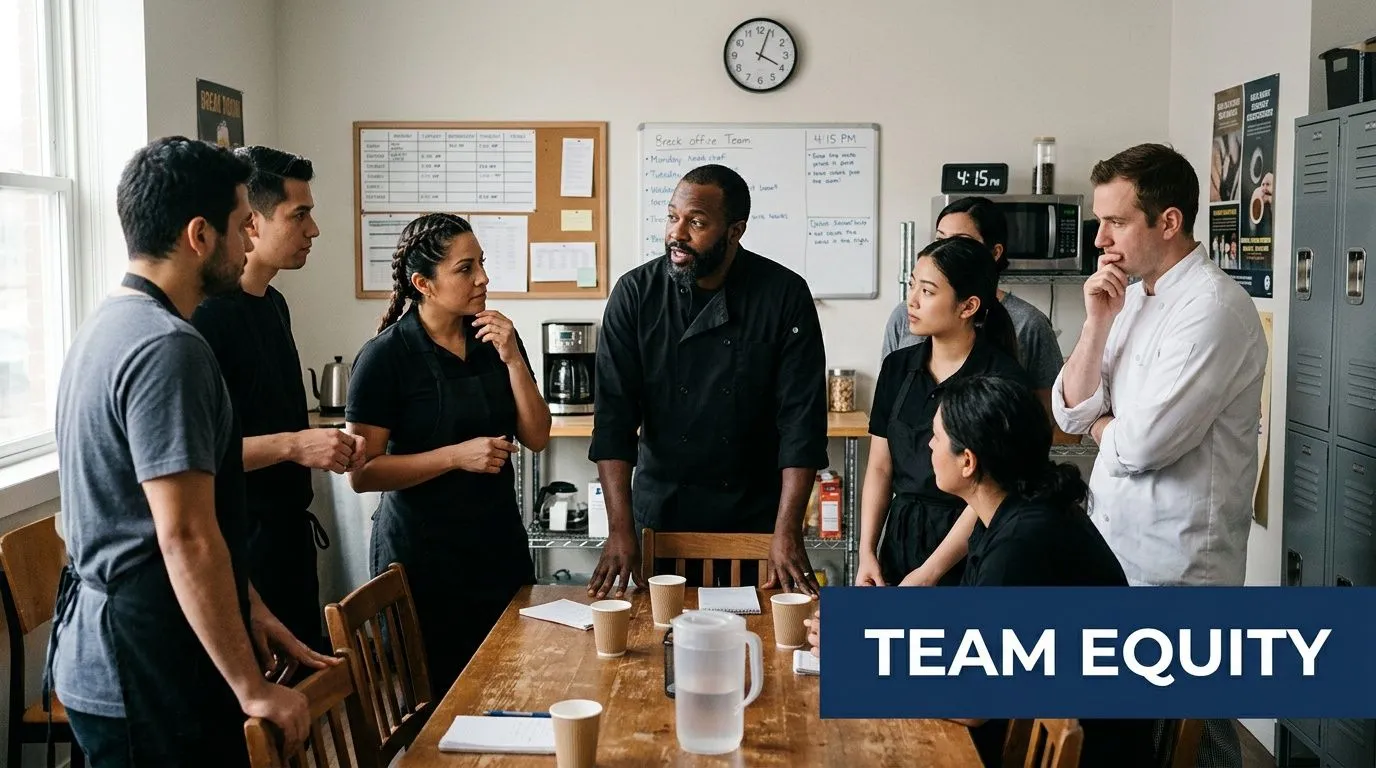 A diverse team of restaurant staff gathered around a wooden table in an office for a meeting.