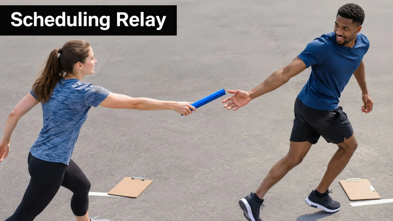 A woman passing a blue relay baton to a man during a team building activity outdoors.