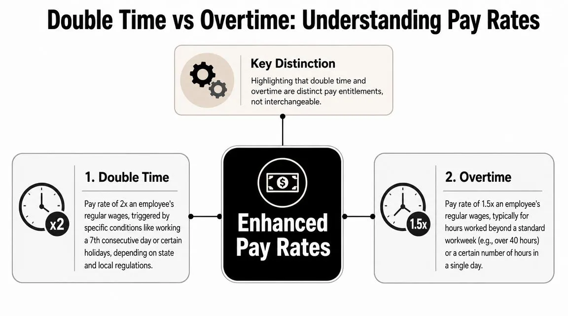 An infographic comparing the definitions and pay rate differences between double time and standard overtime.