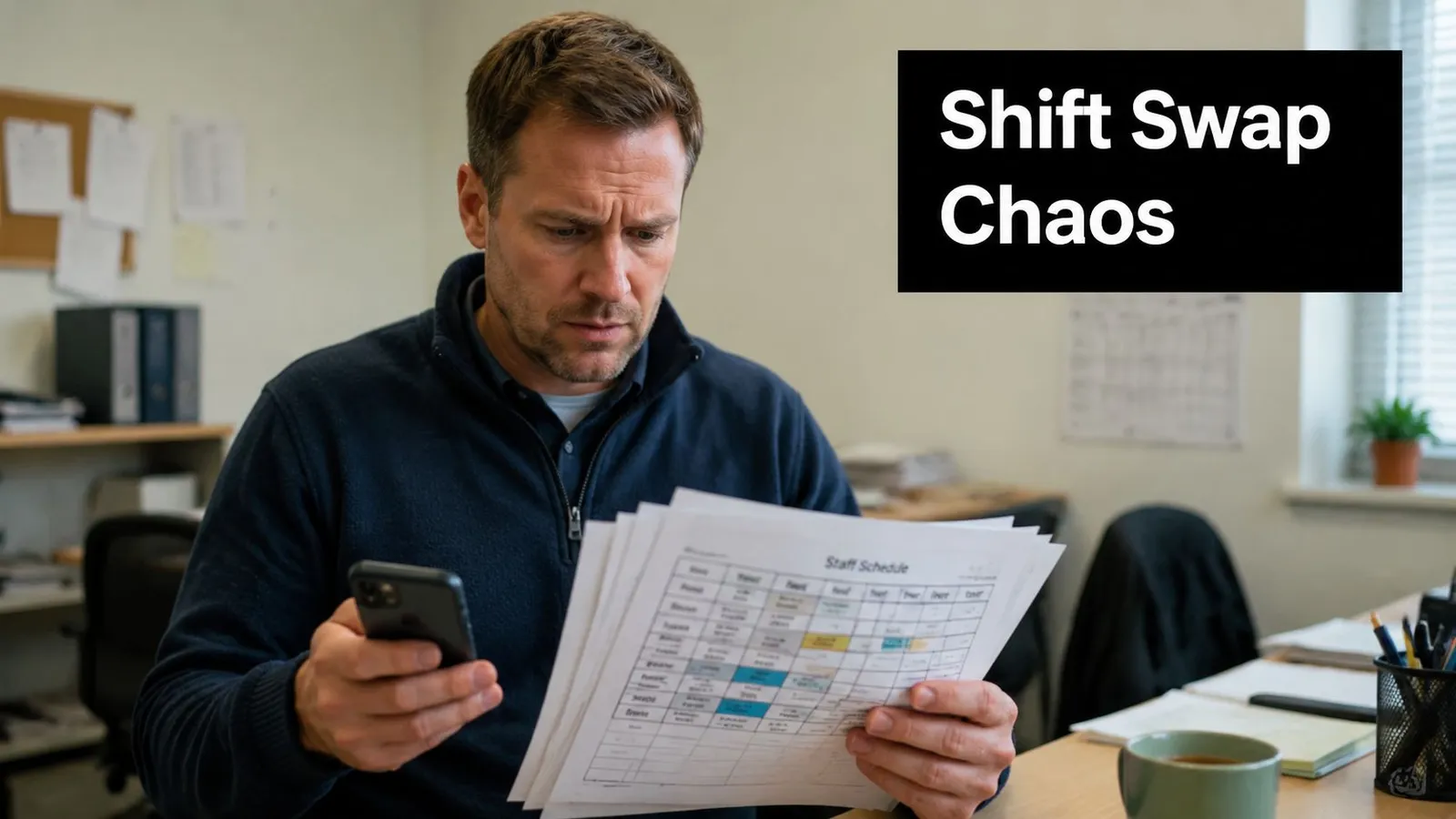 A stressed man looking at a complex staff schedule while holding a smartphone in his office.