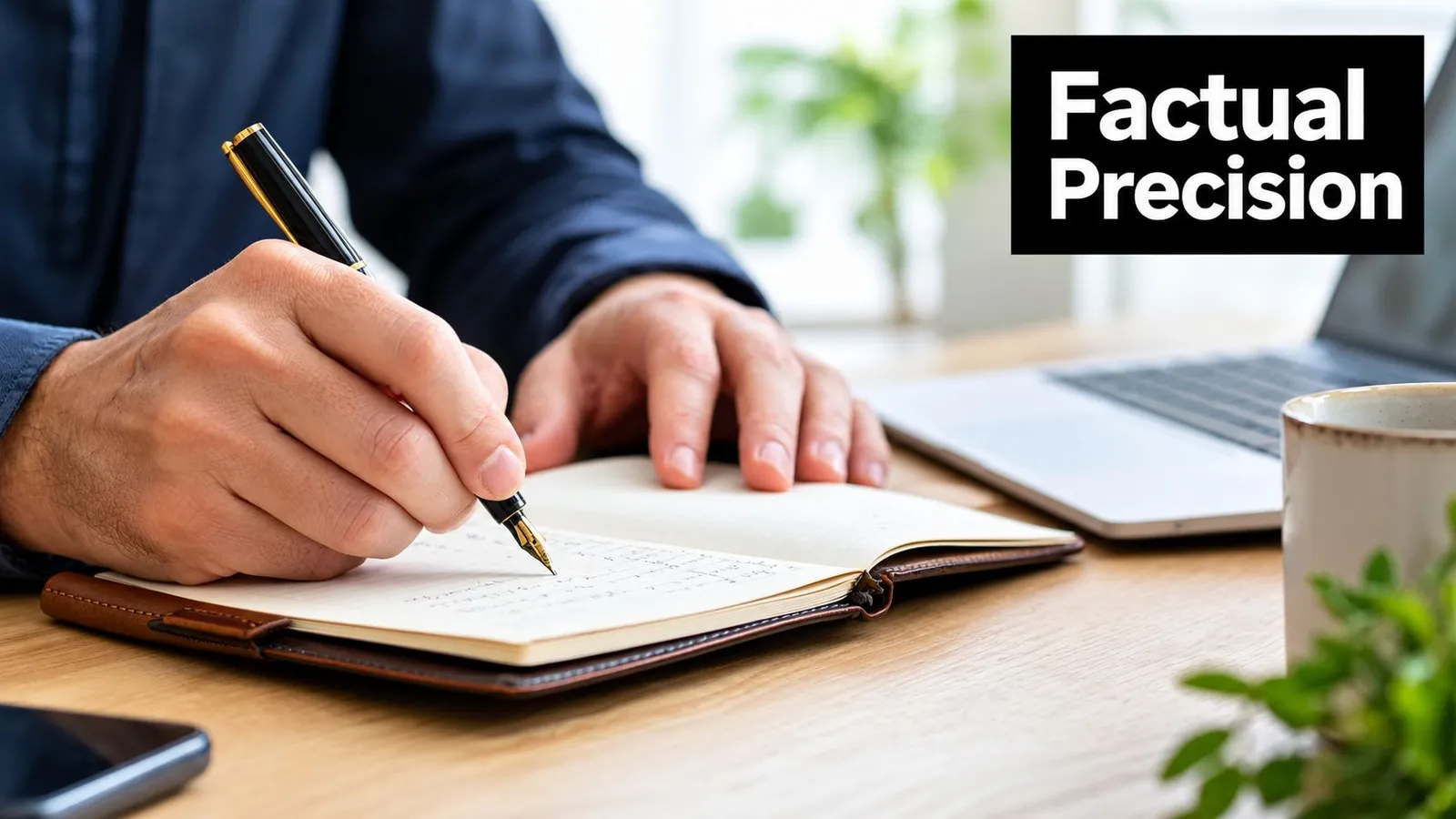 A professional writing in a journal with a fountain pen while sitting at a desk with a laptop.