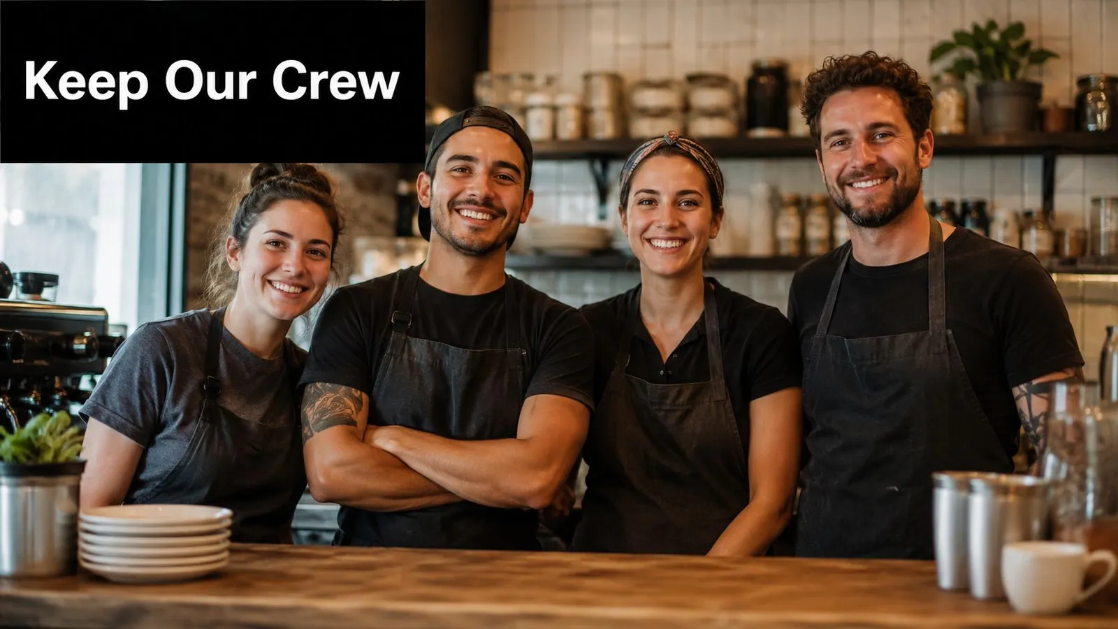 Four smiling coffee shop employees wearing black aprons standing behind a wooden counter in a cafe.