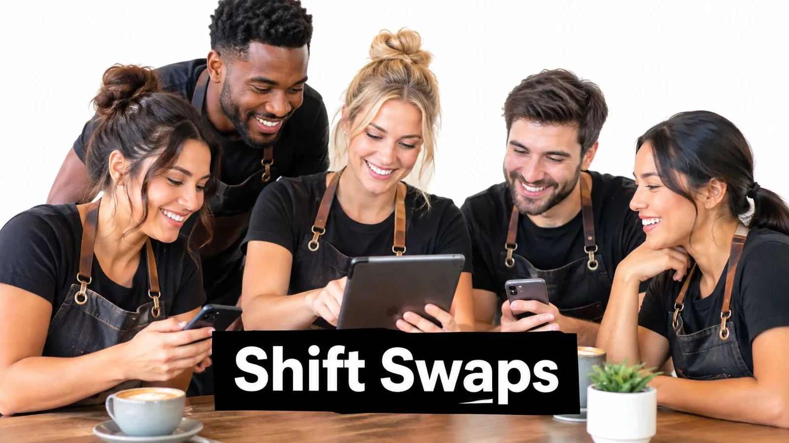 A team of baristas wearing aprons smiling while using tablets and phones at a cafe.