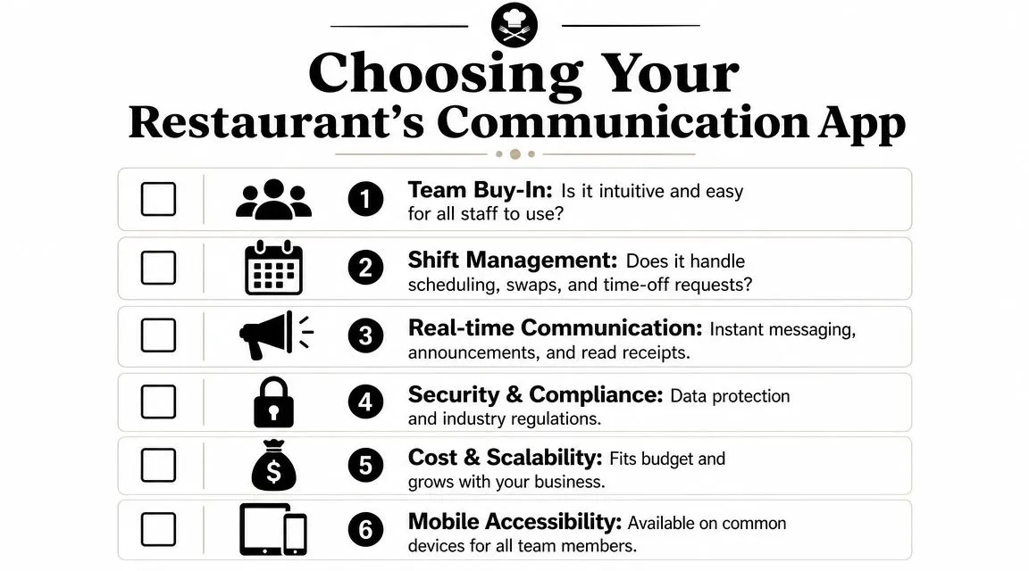 A checklist infographic titled Choosing Your Restaurant's Communication App listing six key factors for selecting software.