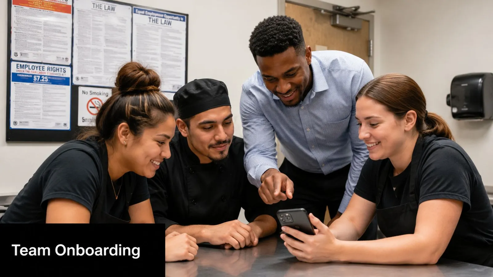 A diverse team of restaurant employees looking at a smartphone screen together in a commercial kitchen.