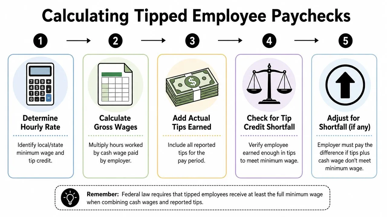 A five-step infographic explaining the process for calculating tipped employee paychecks to ensure minimum wage compliance.
