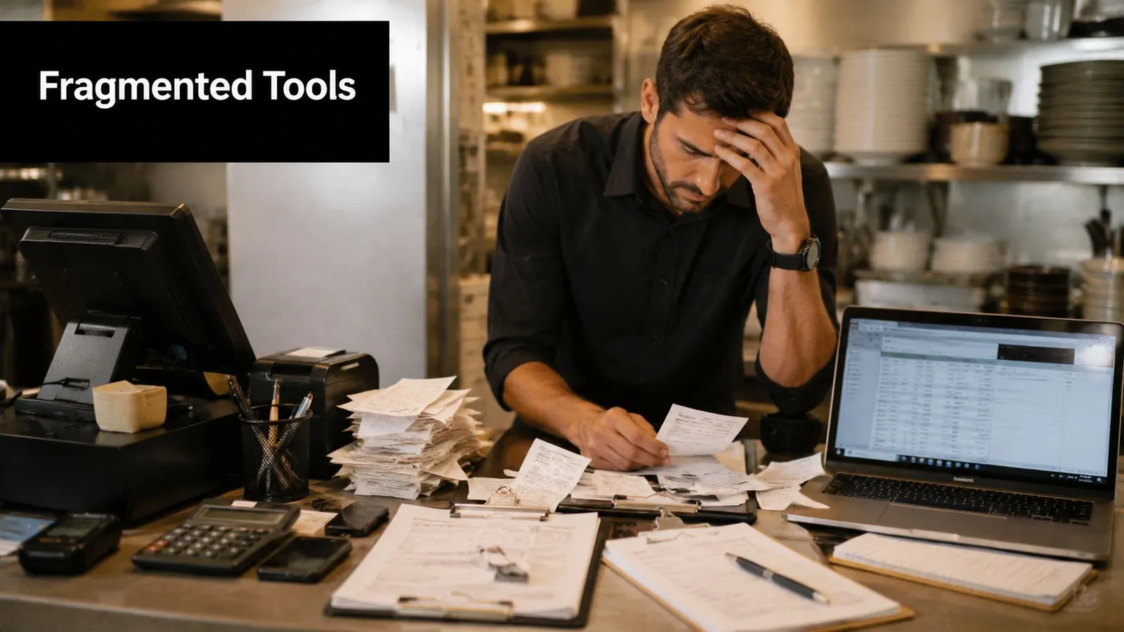 A stressed restaurant owner reviewing a large stack of paper receipts and financial spreadsheets at a desk.