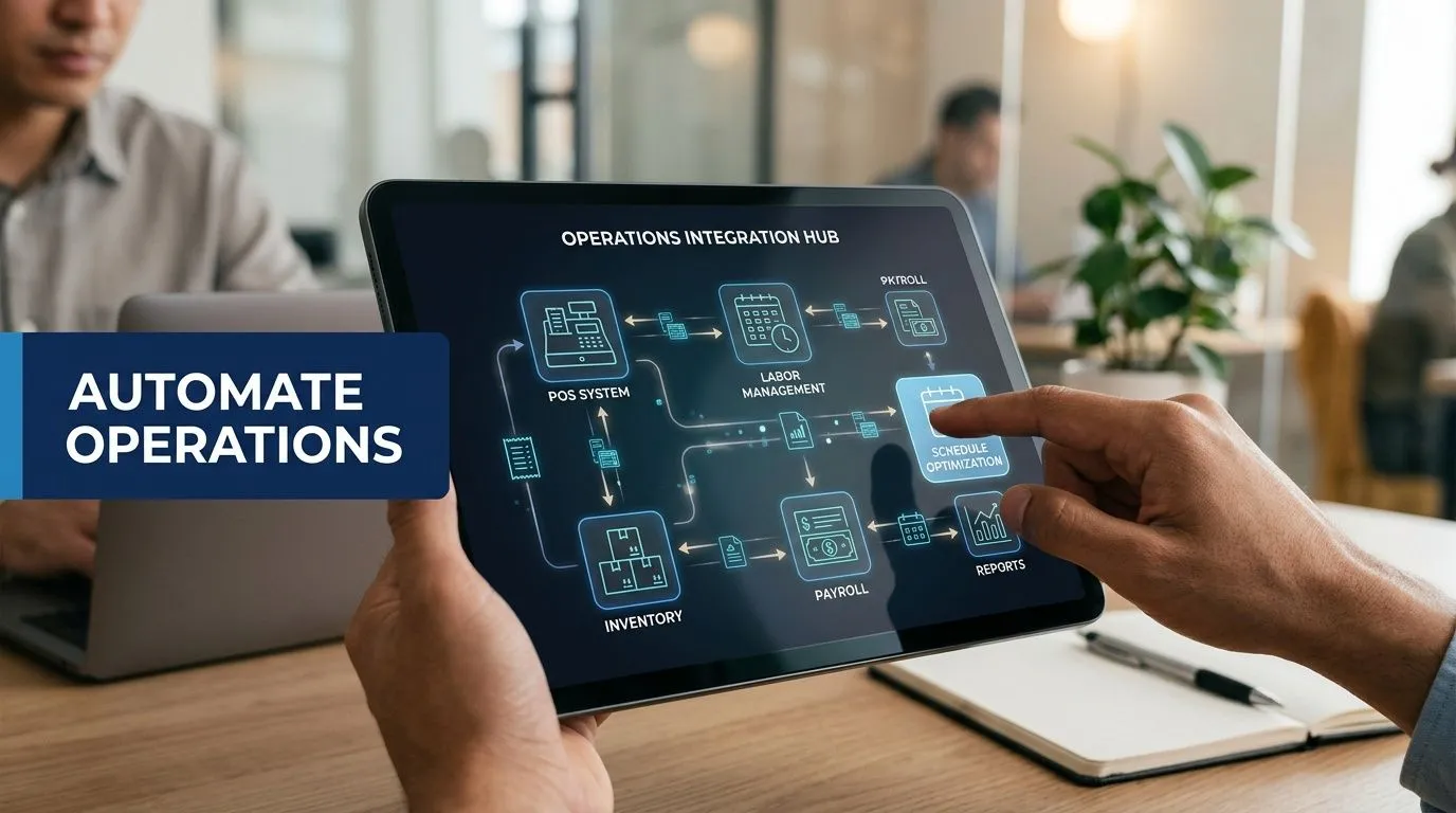 A person using a tablet to navigate an operations integration hub workflow for business process automation.