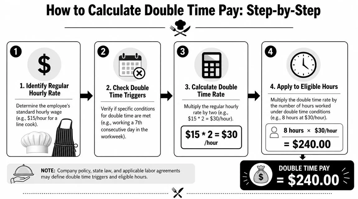 A step-by-step infographic explaining how to calculate double time pay using a simple four-step process.