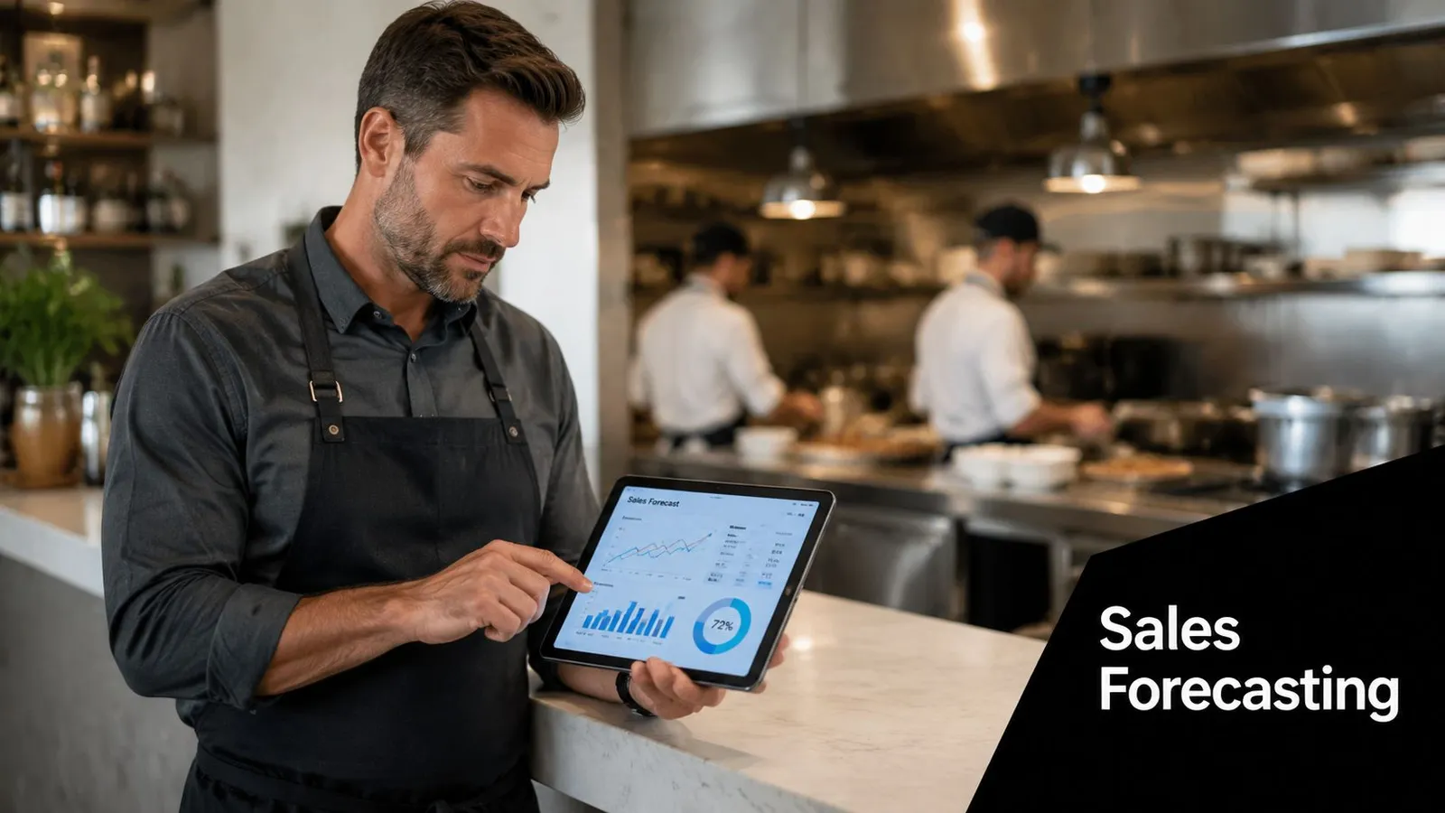 A restaurant manager using a tablet to review digital sales forecast data in a busy commercial kitchen.
