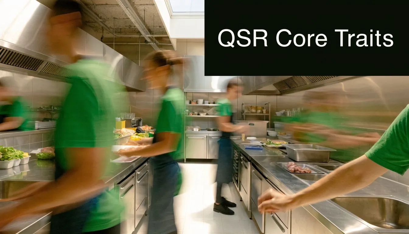 Fast-paced kitchen staff in green uniforms preparing food in a busy commercial quick service restaurant kitchen.