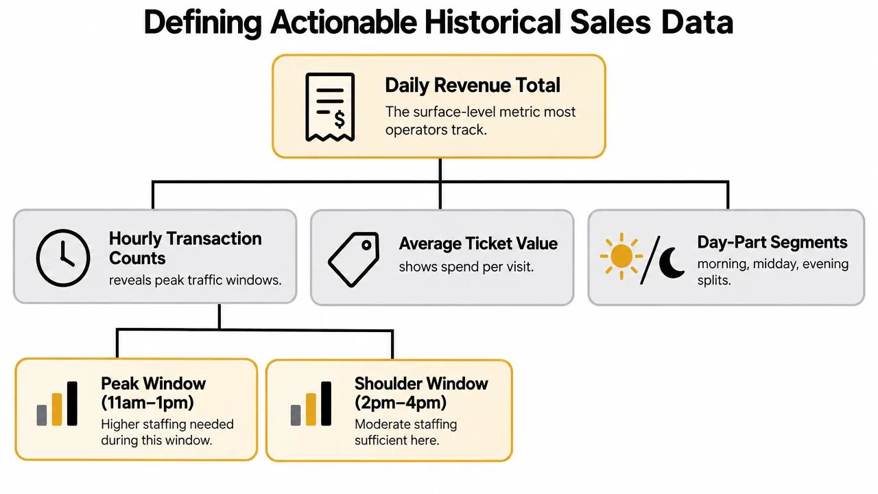 An organizational chart explaining how to break down and analyze actionable historical sales data for business operations.