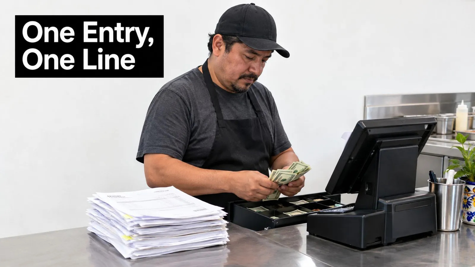 A cashier wearing a black cap and apron counting cash at a point of sale terminal.