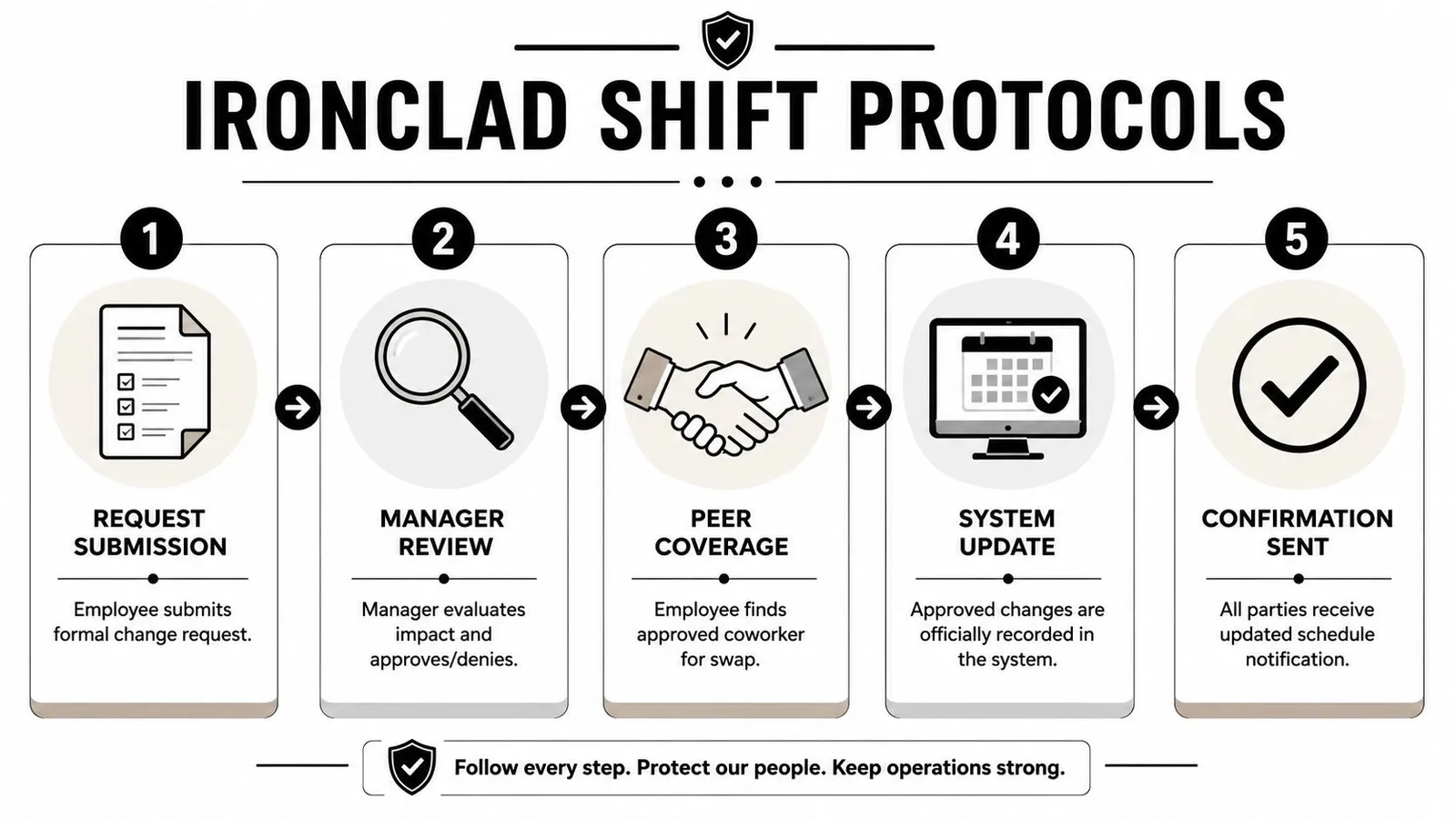 A five-step flowchart illustrating the Ironclad Shift Protocols for managing employee work schedule change requests.