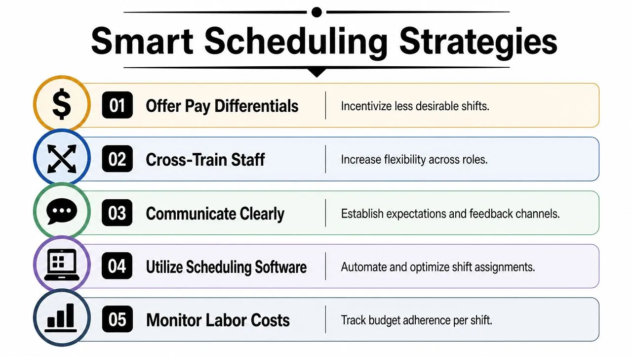 A list of five smart scheduling strategies for business management including pay incentives and cross-training staff.