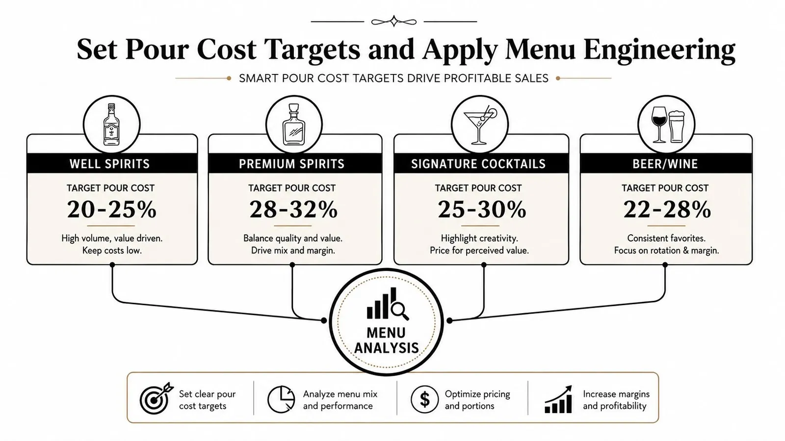 An infographic showing pour cost targets for well spirits, premium spirits, cocktails, and beer, with menu analysis steps.