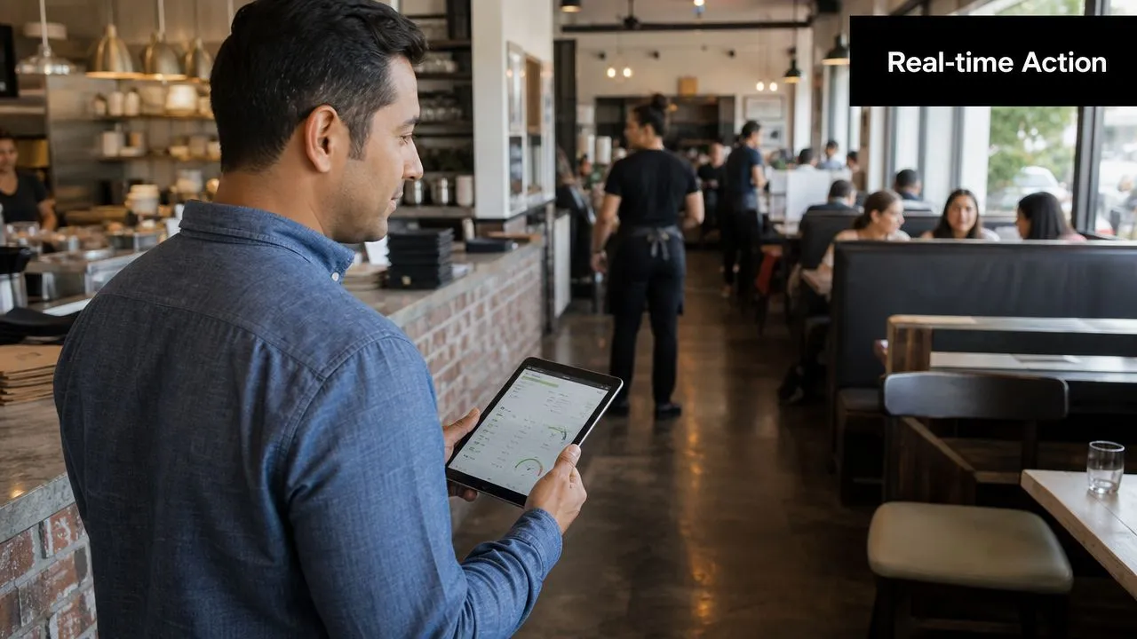 A restaurant manager using a digital tablet to monitor real-time operations in a busy dining area.