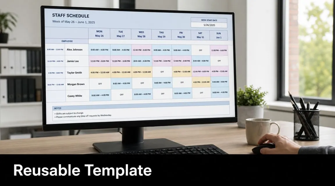 A computer monitor displaying a staff schedule template for the week of May 26 to June 1, 2025.