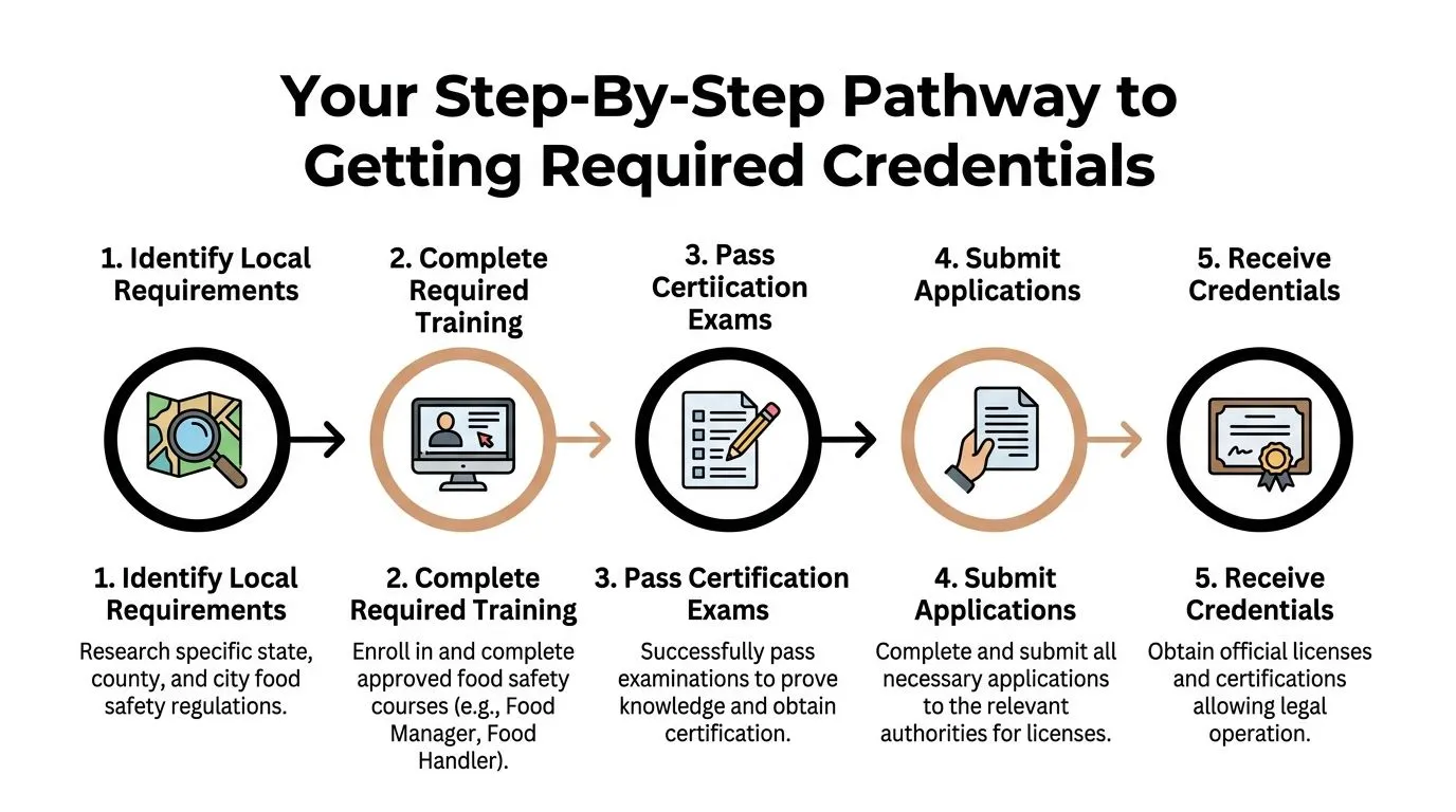 A five-step infographic showing the pathway for obtaining necessary food safety credentials and certifications.
