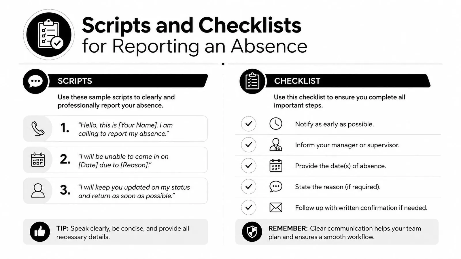 A professional infographic titled Scripts and Checklists for Reporting an Absence with guided tips.