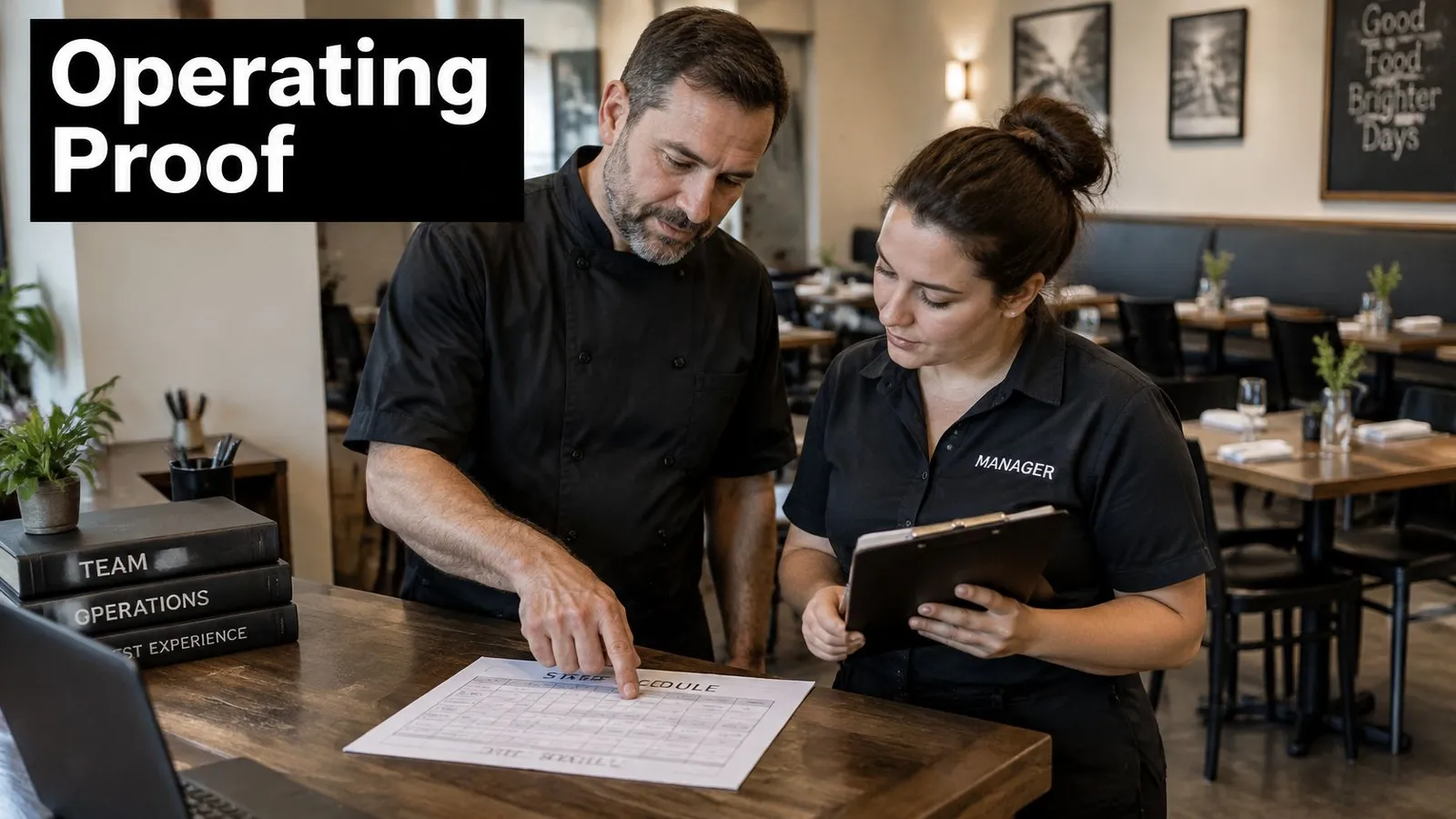 A restaurant manager and chef reviewing the staff schedule together at a wooden service counter.