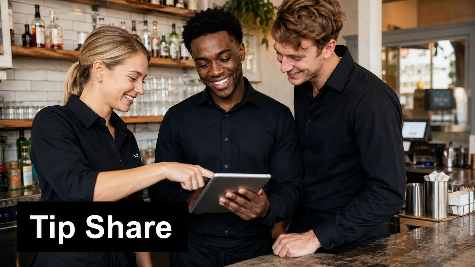 Three restaurant staff members in black shirts smiling while looking at a tablet together at a bar.