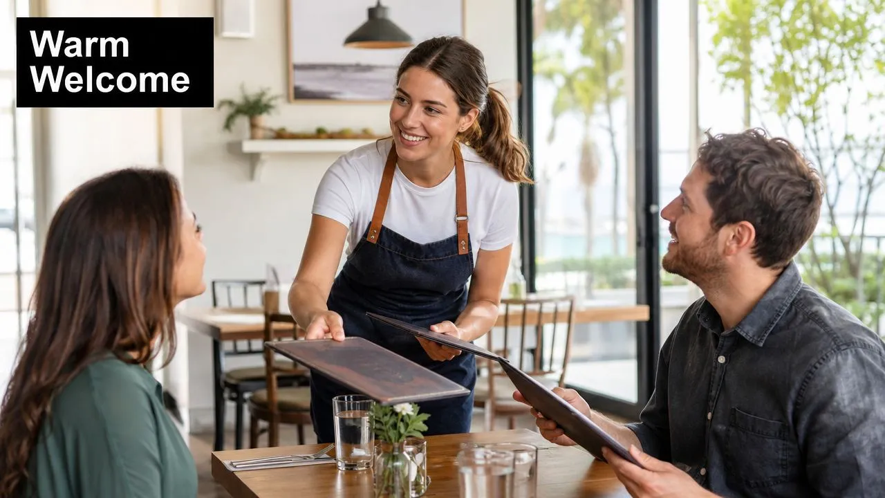 A friendly restaurant server smiling while handing menus to a couple sitting at a wooden table.