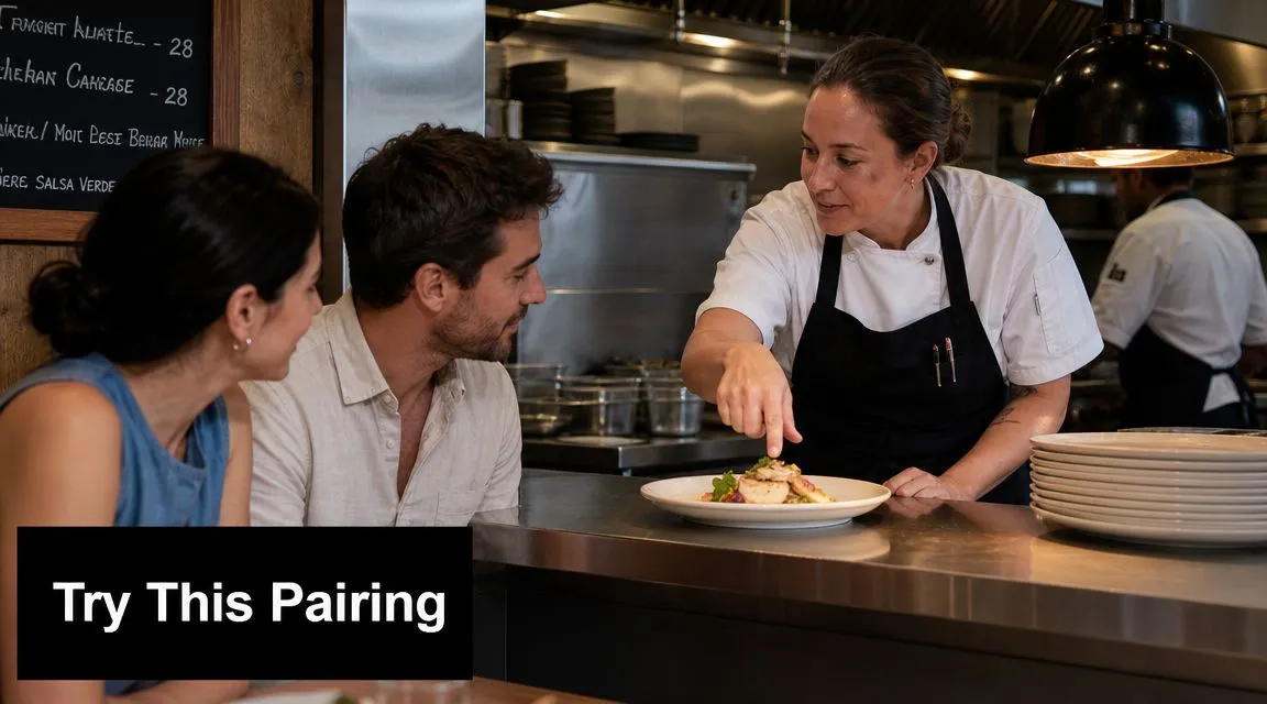 A professional chef explaining a gourmet dish to a couple sitting at a restaurant counter.