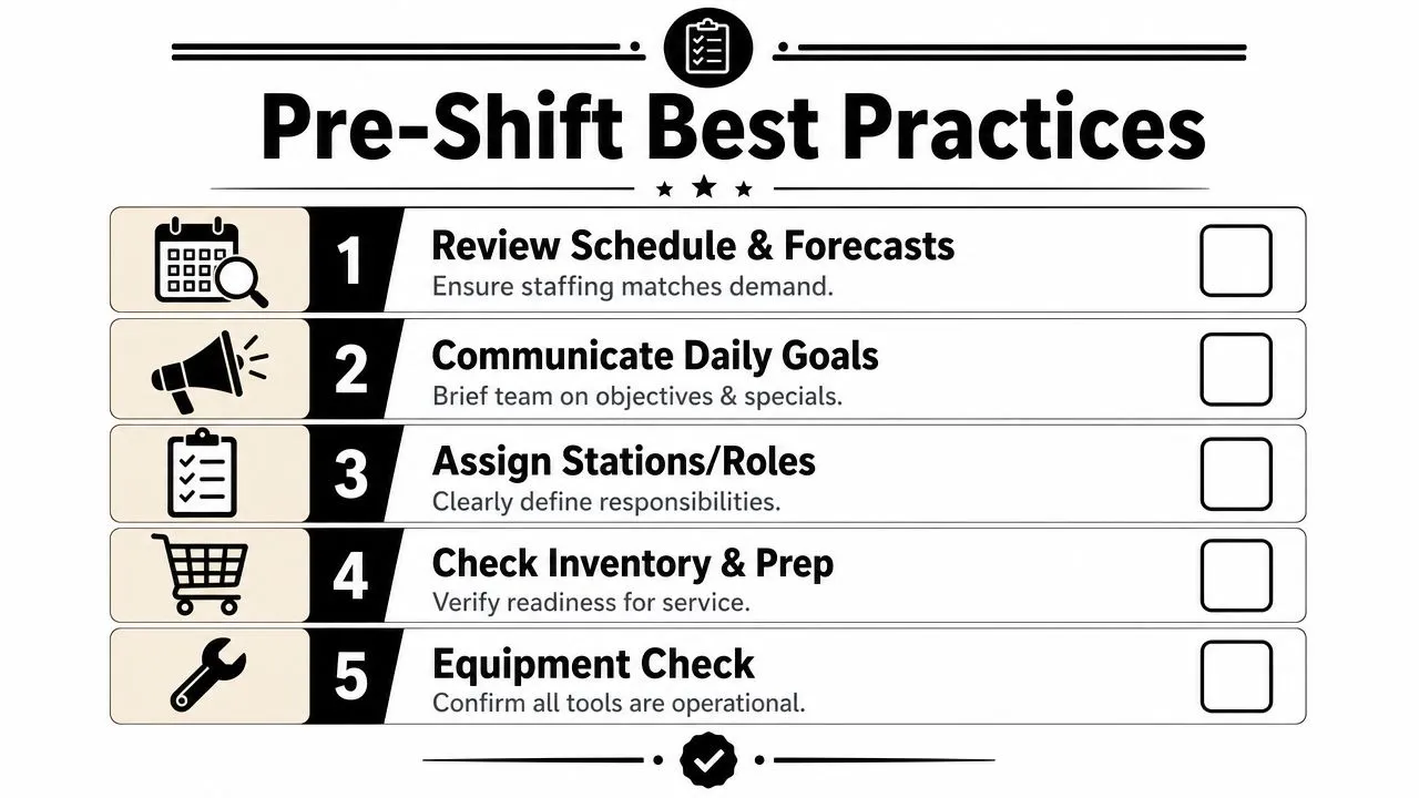 A checklist infographic outlining five essential pre-shift best practices for effective workplace and team management.