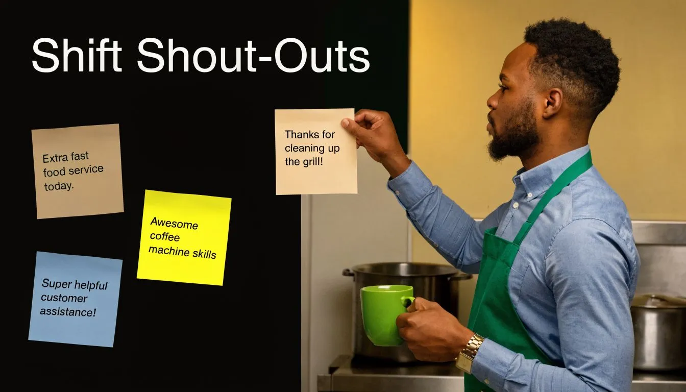 A service worker in a green apron placing a positive feedback note on a wall board.