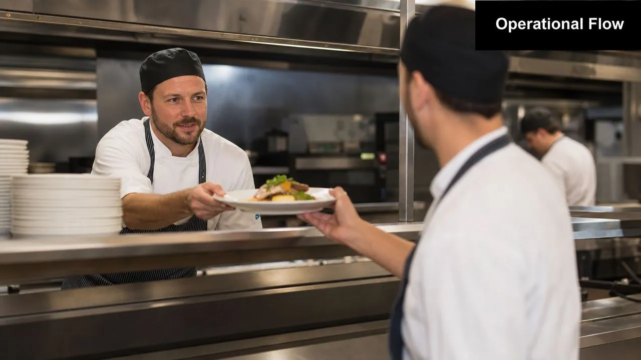 A professional chef handing a plated meal to a colleague in a bustling commercial restaurant kitchen.