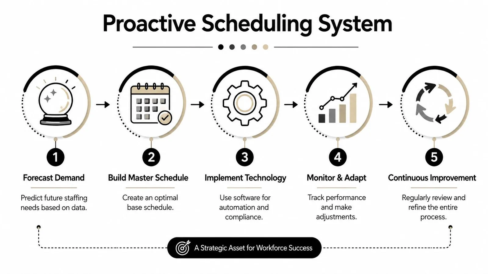 A five-step flowchart illustrating a proactive scheduling system for businesses to optimize workforce management and productivity.