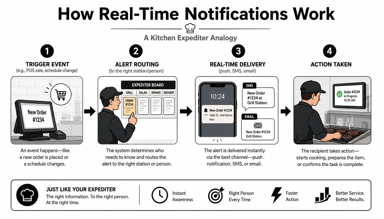 A diagram illustrating how real-time notifications function using a restaurant kitchen expediter analogy.