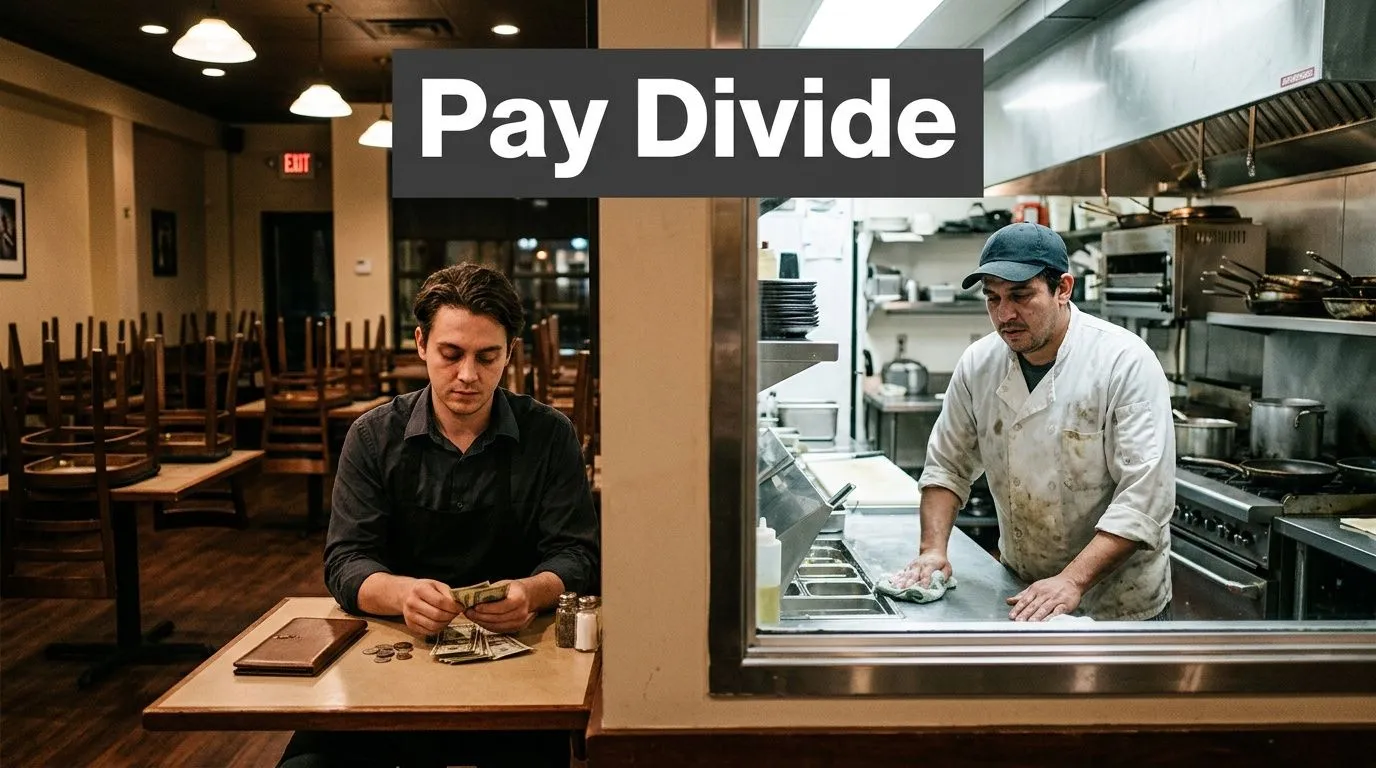 A server counting tips at a table while a chef works in a restaurant kitchen nearby.