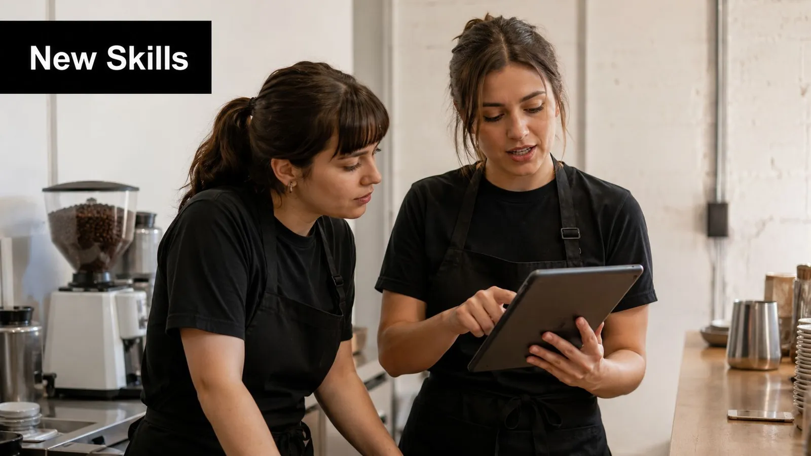 Two female baristas in black aprons looking at a tablet together in a coffee shop workspace.