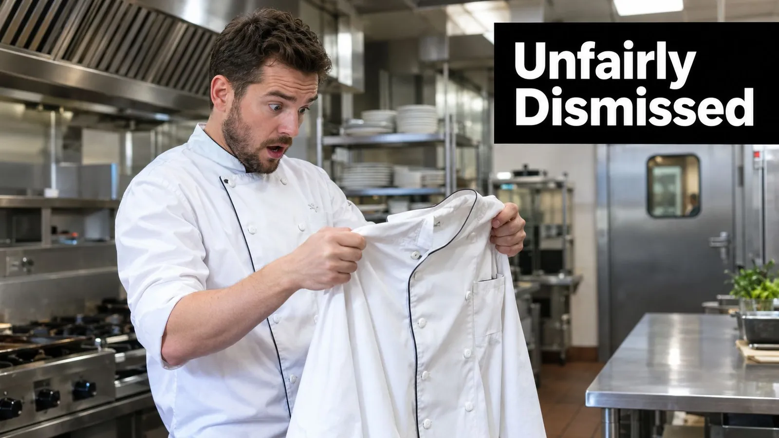 A shocked chef in a professional kitchen holds up his white uniform jacket with a concerned expression.