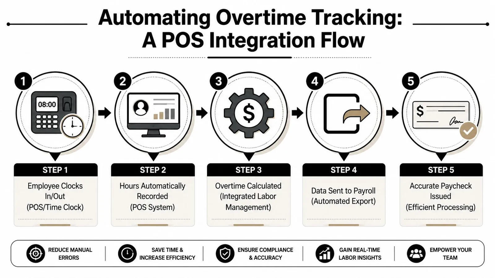 A five-step flowchart illustrating the automated process of tracking employee overtime using a POS system integration.
