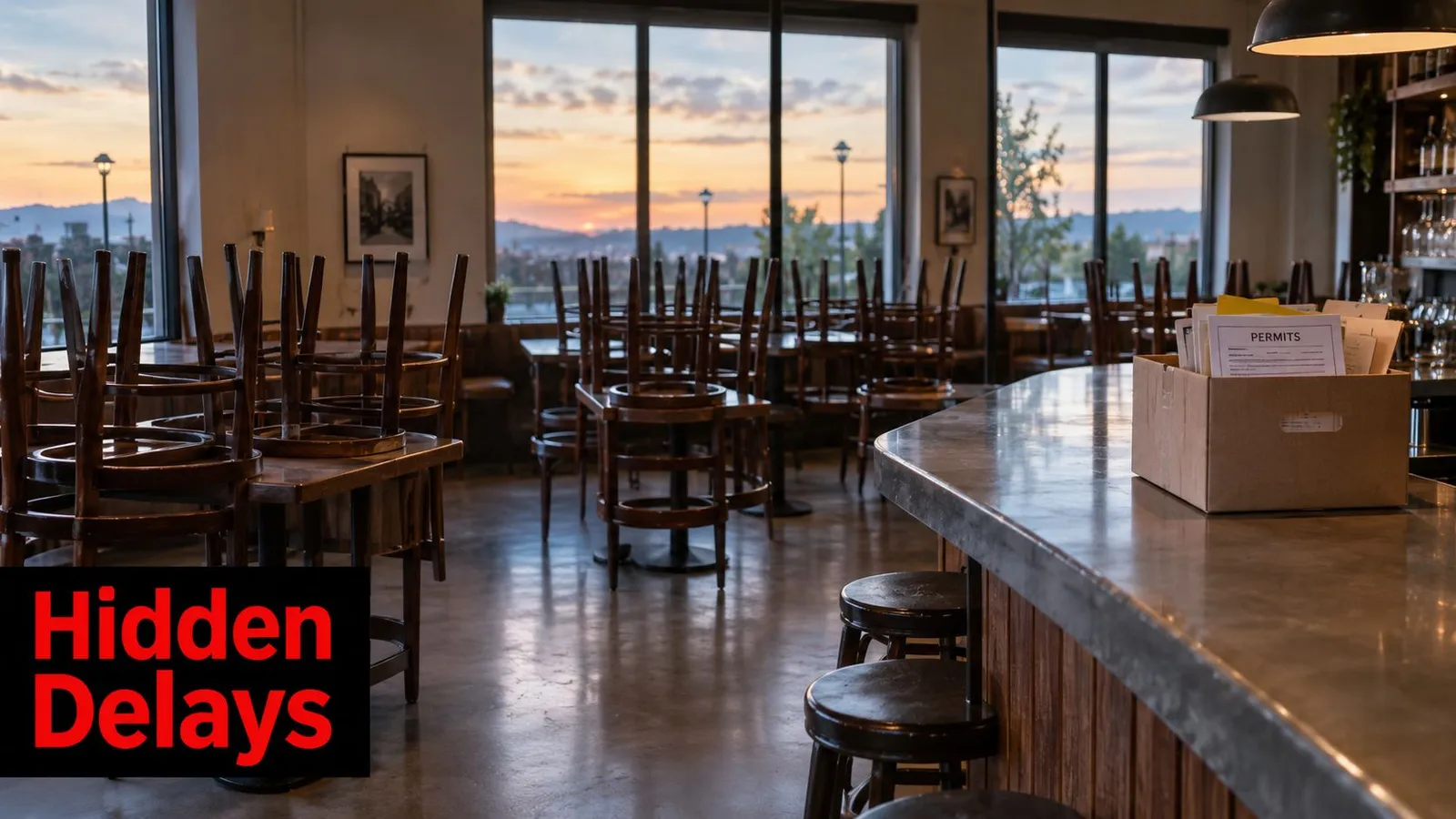 A quiet restaurant interior with chairs stacked on tables and a box labeled permits on the bar.