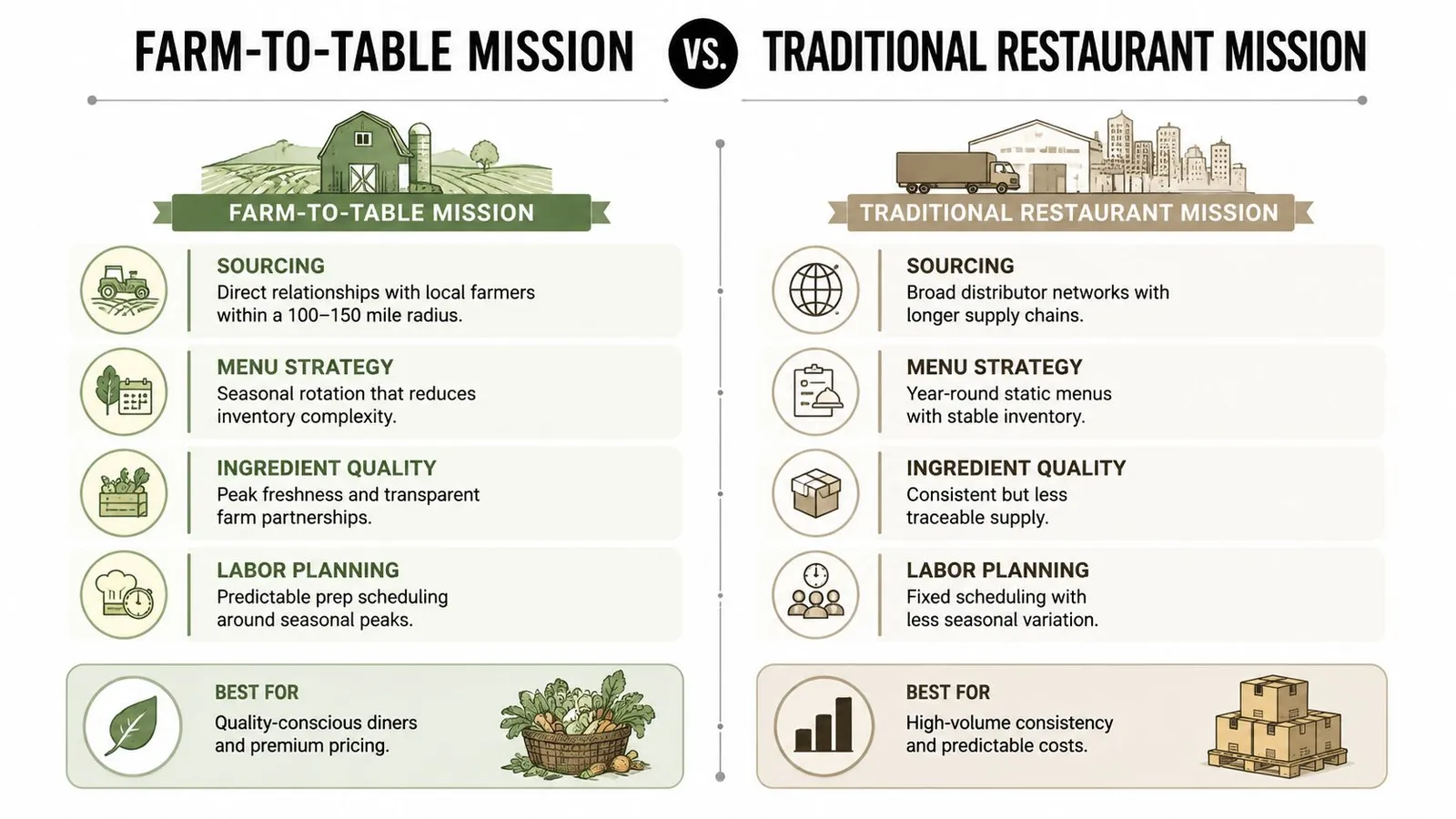 A comparison chart showing the differences between farm-to-table and traditional restaurant mission statements and operational models.