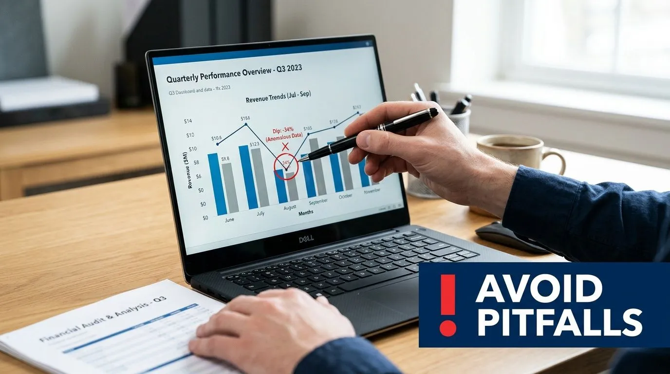 A professional analyzing a quarterly financial revenue chart on a laptop screen with a business pen.