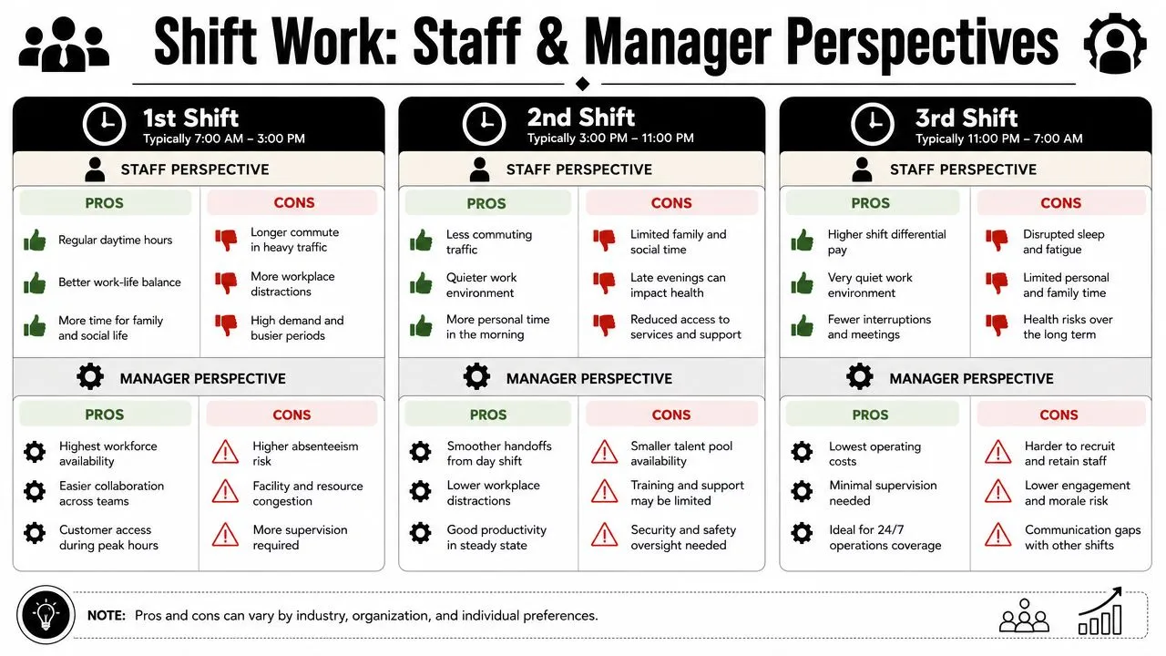 A structured infographic comparing pros and cons of 1st, 2nd, and 3rd work shifts for staff and managers.