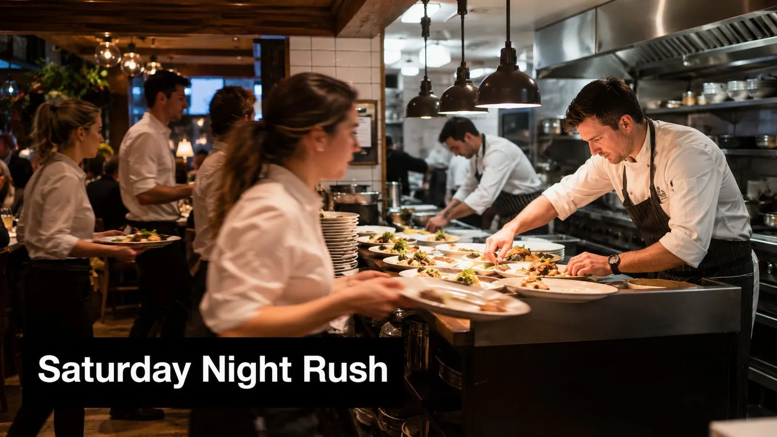 Busy restaurant kitchen staff preparing gourmet plates during a hectic Saturday night dinner service shift.