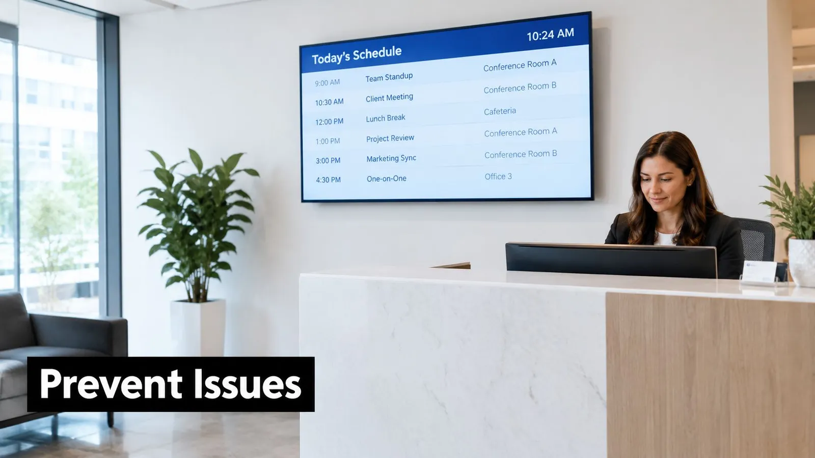 A professional receptionist working at a modern office reception desk with a digital schedule display board.