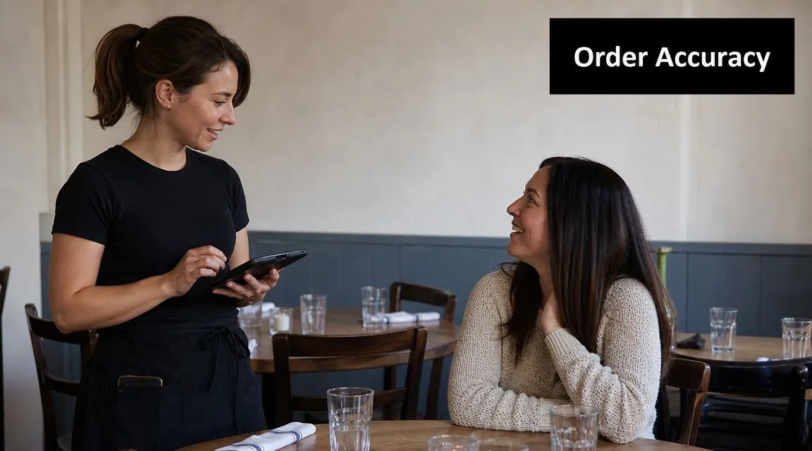 A server standing by a table taking an order from a customer on a digital tablet.